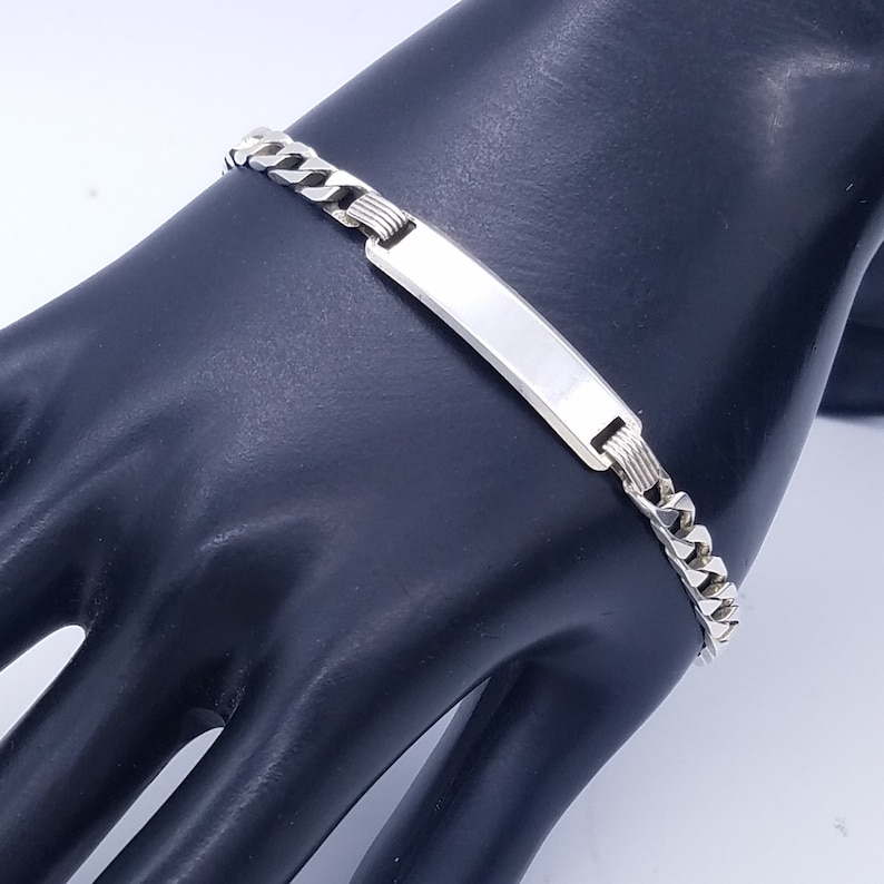 7.5 Vintage 7mm Engraveable Sterling Silver Bar /& Curb Chain Bracelet