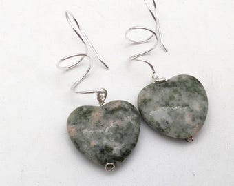 Sterling Silver & Green Marble Heart Dangle Earrings - 1.75"