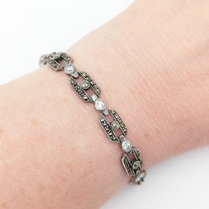 Vintage Marcasite, CZ & Sterling Silver Link Bracelet - 7&quot;