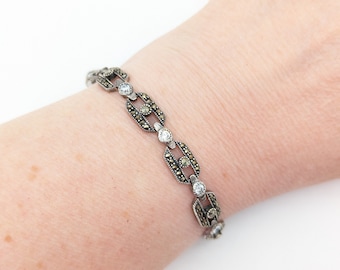 Vintage Marcasite, CZ & Sterling Silver Link Bracelet - 7"