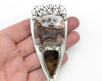 Large Vintage Sterling Silver Lace Agate & Druzy Artisan Pendant Signed Chelle- 3.5