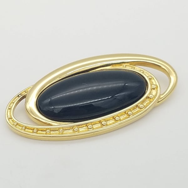 Signed Monet Gold Tone & Black Enamel Large Oval Brooch