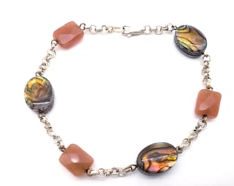 Sterling Silver Orange Quartzite, Mother of Pearl Link Bracelet - 7"