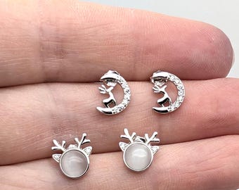Sterling Silver Reindeer & Moon CZ Stud Earrings, Matched or Mismatched