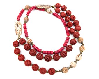 Vintaged Coral, Carved Red Cinnabar & Stone Bead Double Strand Necklace - 27"