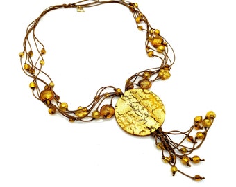 Large Vintage Gold Foil Murano Glass Beaded Pendant Necklace - 24"