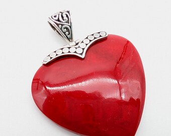 Sterling Silver & Red Lucite Heart Pendant By Samuel B - 1.75"
