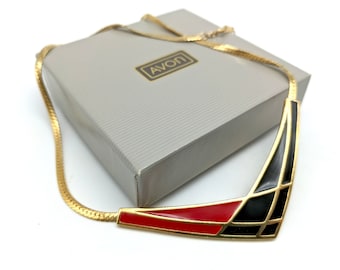 Vintage Avon Gold, Red & Black Enameled Chevron Necklace - 19"