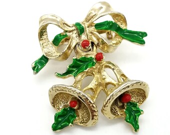 Vintage Golden Christmas Bell & Bow Brooch With Holly and Berry