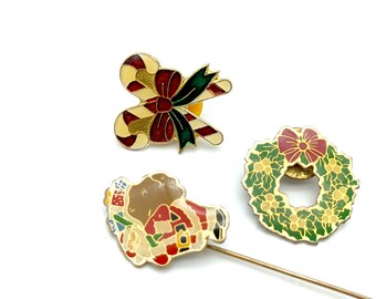 Lot of 3 Vintage Enameled Holiday Pins - Santa, Wreath & Candy Canes