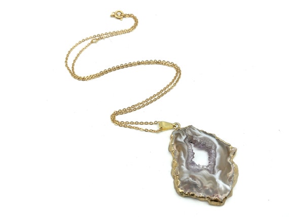 925 Sterling Silver Orange White Agate Quartz Geode Slice Pendant Chain Necklace