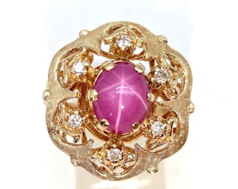 14K Gold Natural Pink Star Sapphire/Ruby & Diamond Estate Ring - Size 7, Resizeable
