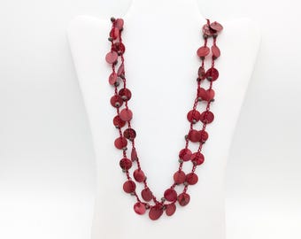 Vintage Coldwater Creek Red Mother of Pearl & Wood Bead Necklace - 20-22" Adjustable