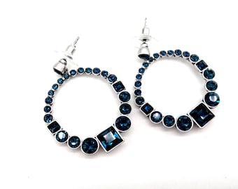 Vintage Givenchy Blue or Gray Crystal Circle Dangle Earrings - 1.25"