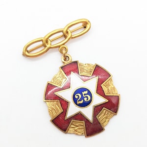 May include: Gold-toned pin with a red, white and blue enamel design. The centre features a white star with a blue circle containing the number "25".