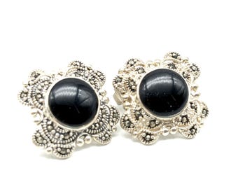 Sterling Silver, Onyx & Marcasite Stud Earrings