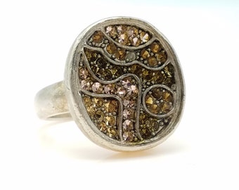 Kenneth Cole Rhinestone Silver Tone & Brown Rhinestone Statement Ring