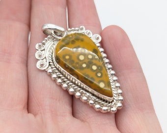 Vintage Yellow & Green Ocean Jasper and Sterling Silver Pendant