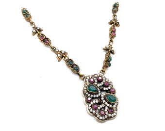Vintage Ruby, Emerald & CZ Gold Vermeil Sterling Silver Pendant Necklace - 19"