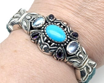 Sterling Silver, Turquoise, Amethyst & Pearl Cuff Bracelet Signed Carolyn Pollack