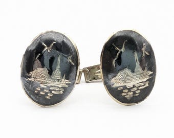 1940's Siam Sterling Silver Siam Temple Cufflinks With Golden Patina