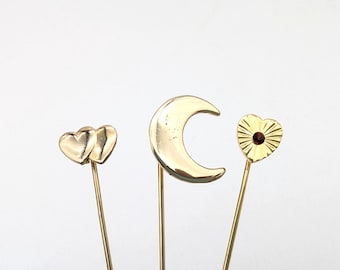 Lot of 3 Gold Tone Stick Pins; Crescent Moon, Rhinestone Heart & Double Hearts - 2.25"