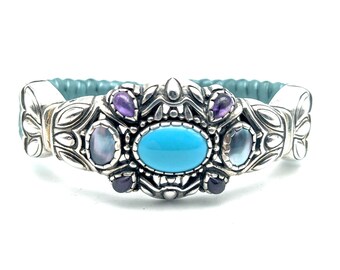 Vintage Carolyn Pollack Sterling Silver, Turquoise, Amethyst & Pearl Cuff Bracelet