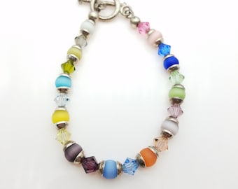 Vintage Rainbow Beaded Sterling Silver Bracelet - 7.25"