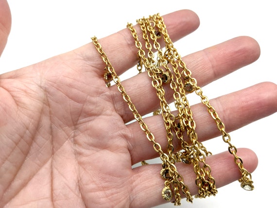 Long Vintage Gold Tone Chain With Grey Crystal Ac… - image 3