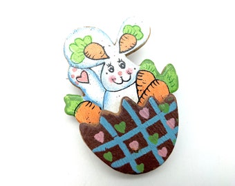 Vintage Hand Painted Wood Easter Bunny Brooch