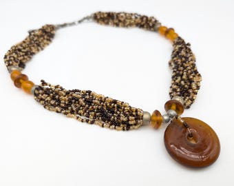 Vintage Multi-Strand Strand Brown & Orange Seed Bead Pendant Necklace - 20-22"