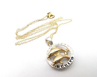 Vintage Sterling Silver & Gold Hawaiian Sweetheart/Lover (Kuuipo) Dolphins Pendant Necklace - 19"