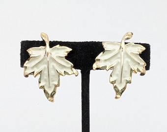 Vintage Coro Gold Tone & White Enamel Oak Leaf Clip-On  Earrings - 1 3/8"