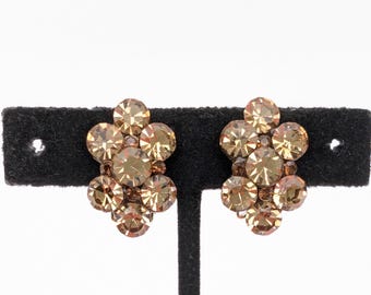 Brown Topaz Rhinestone Crystal Cluster Clip on Earrings - 1"