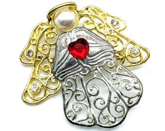 Vintage Gold & Silver Tone Angel Brooch With Heart Rhinestone Center