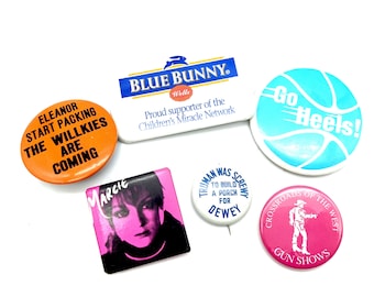 Lot of Vintage Pinback Buttons; Blue Bunny, Truman, Marcie,  Eleanor Start Packing, Guns Shows, Go Heels!
