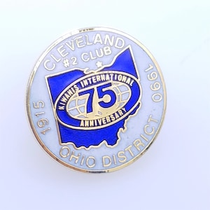 Vintage 75th Anniversary Cleveland Ohio Lions Club 1915-1990 Blue and White Enamel Lapel Pin