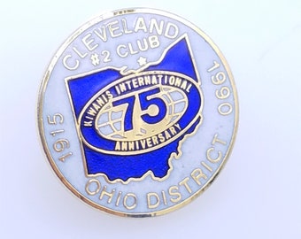 Vintage 75th Anniversary Cleveland Ohio Lions Club 1915-1990 Blue and White Enamel Lapel Pin
