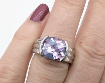 Vintage Checkerboard Cut Amethyst CZ & Sterling Silver Solitaire Ring - Size 8