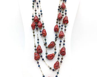 Multi-Strand Red Glass & Faux Pearl Bead Statement Necklace - 21"
