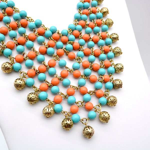 Vintage Graziano Faux Turquoise & Coral Bead Bib Necklace - 15-20" Adjustable