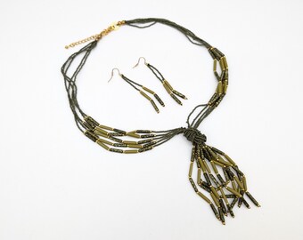 Vintage Green Beaded Multi-Strand Necklace & Dangle Earrings Set