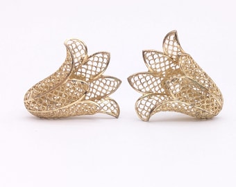 Vintage Gold Vermeil Over Sterling Silver German Filigree Floral Clip Earrings - 1.25"