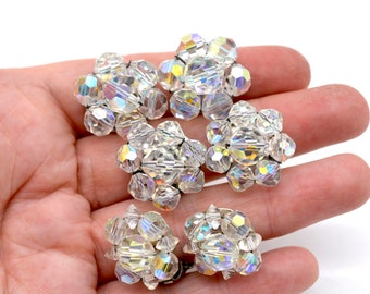 Vintage Aurora Borealis Crystal Beaded Silver Tone Clip on Earrings - Choice of Sizes