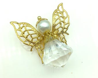 Vintage Gold Tone & Crystal Angel Brooch