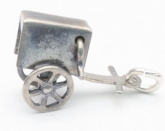 Sterling Silver Pull Cart/Food Cart Charm with Moving Wheels