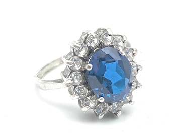 Vintage Sterling Silver & Blue CZ Solitaire Ring - Size 7.25
