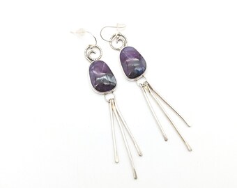 Long Artisan Purple Turquoise & Sterling Silver BohoDangle Earrings