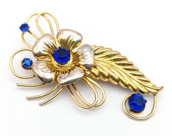 Vintage 12K Rose & Yellow Gold Filled Sterling Blue Rhinestone Flower Brooch Signed Michelson