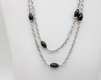 Vintage 34" Sterling Silver, 18K Gold & Black Onyx Station Necklace Signed David Yurman